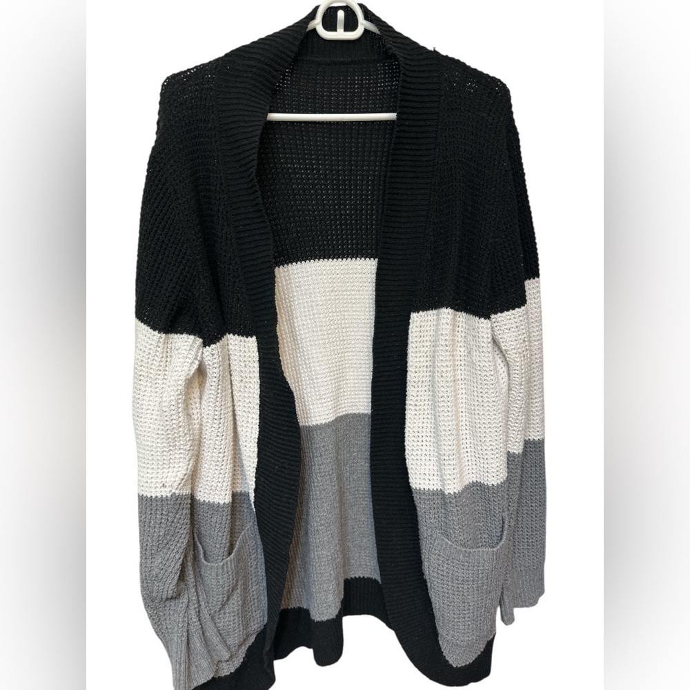 Colorblock Black Grey Cream Open Front Cardigan